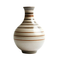 A ceramic vase with light brown and white stripes, a round bottom and a high top, a simple style, on a transparent  background, png