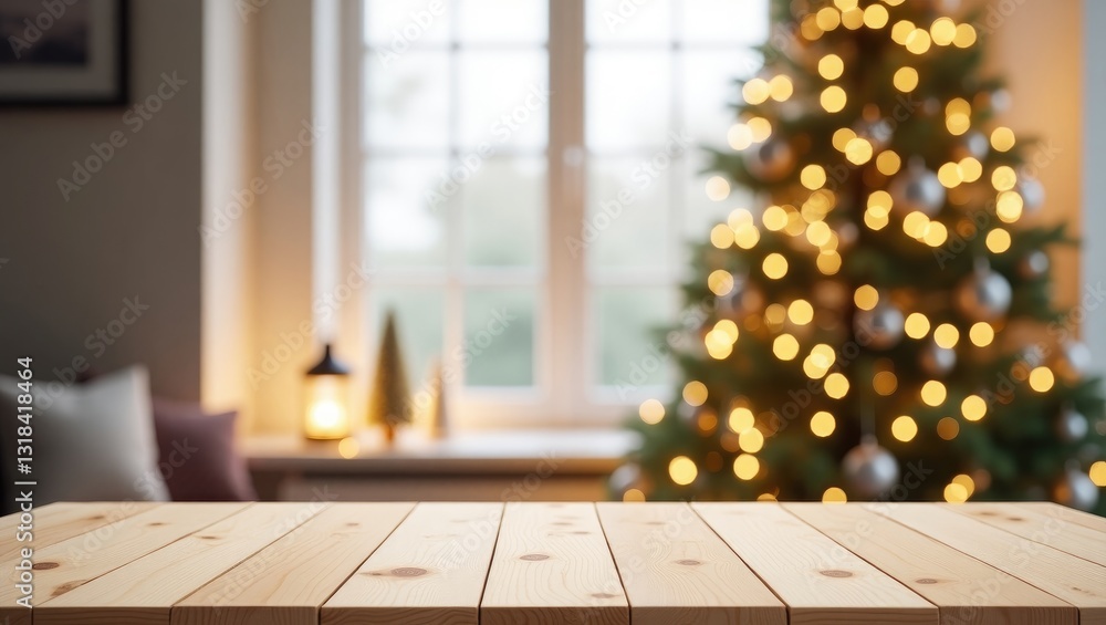 Poster blurred christmas tree and window interior background with wooden tabletop for product display in th
