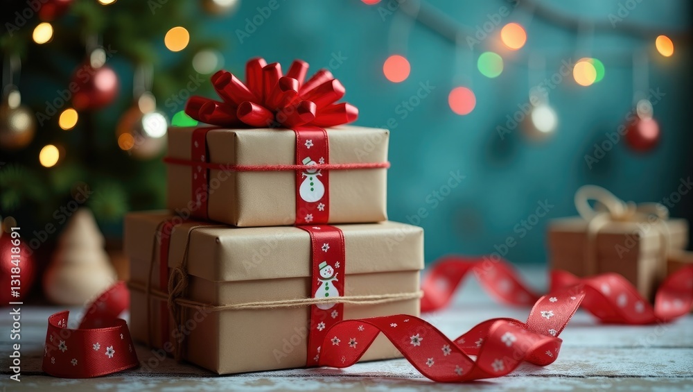 Poster gift boxes adorned with a large red bow set against a bokeh background of twinkling party lights.