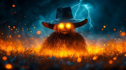 Lone Scarecrow in Glowing Field Beneath Dramatic Thunderstorm with Lightning Strikes