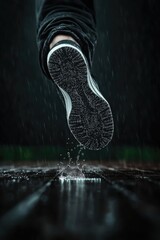 Dynamic Action Shot of a Foot Splashing Through a Rain Puddle with Athletic Sneakers