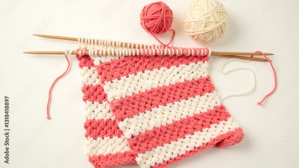 Poster example of basic striped colorwork using pink and white wool