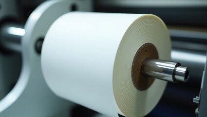 Roller of wound tape with self-adhesive label on a cardboard spool attached to the pneumatic shaft of the die-cutting machine for label production without printing. Selective focus.