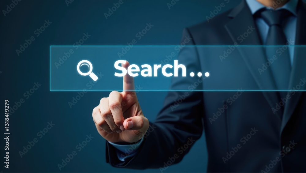 Fototapete browsing internet data information networking concept as a man pushes a virtual button on a touchscr