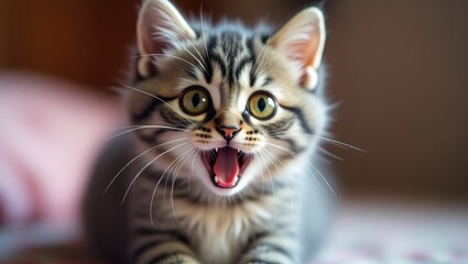 Obraz premium Young surprised cat with big eyes in closeup. Funny face of a surprised kitten with large eyes. Young cat appears startled and frightened. Emotional wide-eyed kitten displaying surprise at home.