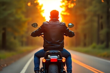 Man on motorcycle rides down road with sunset and trees
