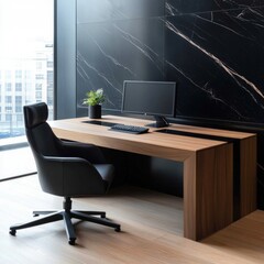 Fototapeta premium Sleek desk with a computer in a minimalist office design featuring clean lines and a functional workspace environment