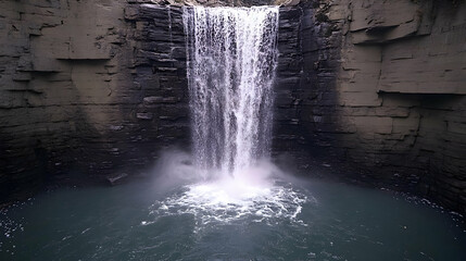 Powerful Waterfall Cascading Over Dark Rocks