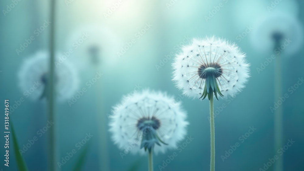 Poster Large white dandelion surrounded by a forest. Macro photograph with shallow depth of field. Abstract summer nature background.