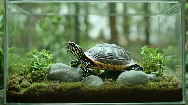 Turtle terrarium, nature background, pet, indoor