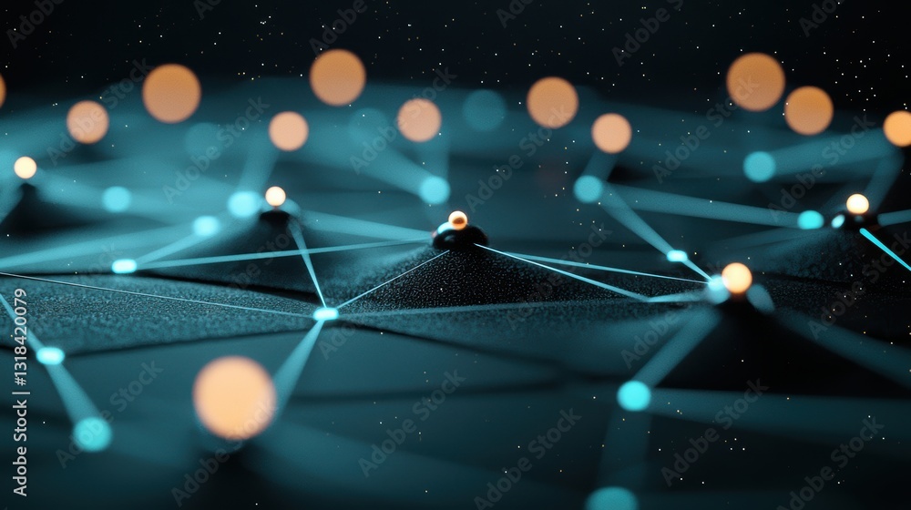 Poster complex network structure composed of interconnected triangles, circles, and squares, with glowing l