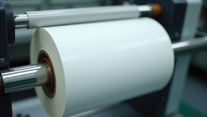 Roller of wound tape featuring a self-adhesive label on a cardboard spool placed on the pneumatic shaft of the die-cutting machine for producing a label without printing. Selective focus