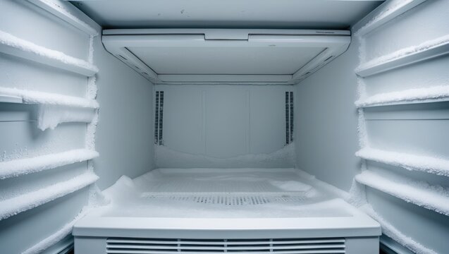 Empty freezer of a refrigerator - Ice accumulation on the interior surfaces of freezer walls.