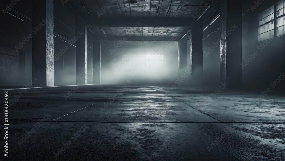 Poster empty space of a dark room with a concrete floor featuring a grunge texture background, illuminated 