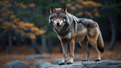 Obraz premium gray wolf standing on a rock in a forest setting