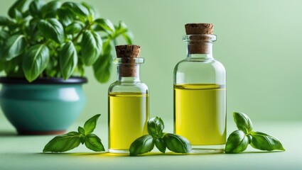Bottles of basil oil and leaves against a colored background with space for text.