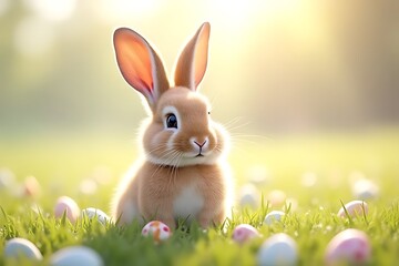 Obraz premium Easter celebration with a playful bunny among colorful eggs in a sunny meadow nature photography whimsical scene