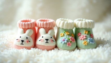 Fototapeta premium Knitted children's shoes in pink and green displayed on a white background with copy space. Handmade socks for a first birthday celebration, baby warm clothing, and knitted socks.