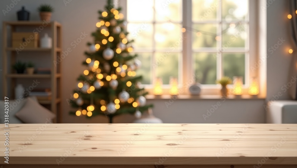 Poster blurred christmas tree and decorated window interior backdrop featuring a wooden table top for produ