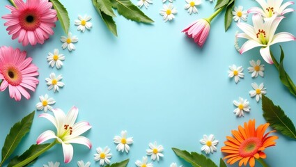 Obraz premium Spring flowers arranged on a pastel blue background. Natural concept with a romantic aesthetic.