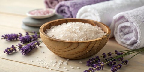 A Wooden Bowl Filled with Coarse Salt Crystals, Surrounded by Lavender Flowers and Rolled Towels, Creating a Relaxing Spa Setting