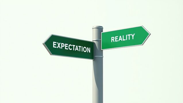 Green traffic direction sign with isolated background. Expectation vs. Reality theme, pessimistic perspective concept.