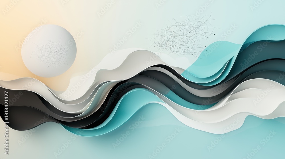 Poster fluid dynamic lines and shapes flowing and intertwining, representing the constant movement and evol