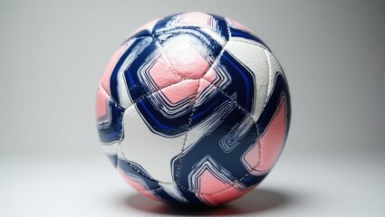 Soccer ball displaying a dynamic design with blue and pink accents that features geometric patterns, symbolizing modern sports equipment.