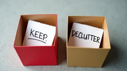 Still-life concept of decluttering and tidying up, featuring storage boxes labeled next to one another.