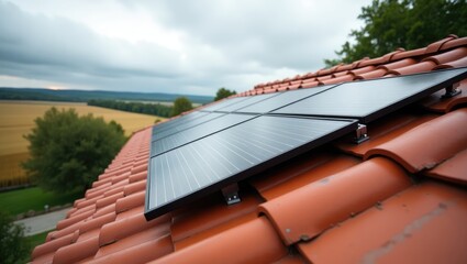 Black solar panels installed on a red tile roof.