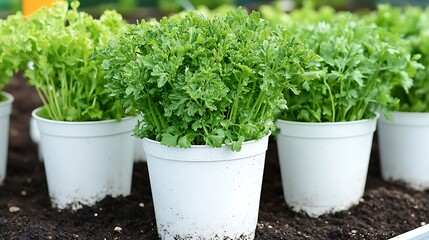 Fresh parsley plants in white pots.