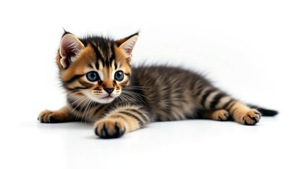Obraz premium Black tortie tabby kitten lying down with a paw over the edge, gazing sideways, isolated on a white background.