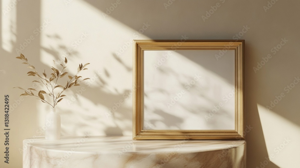 Aufkleber Soft sunlight filters through a window, illuminating a minimalist space. An elegant empty frame rests on a marble table, with a slender vase holding dried foliage adding a touch of nature