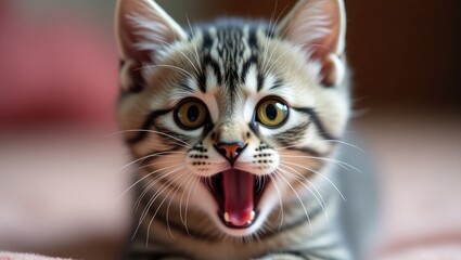 Young surprised crazy cat with big eyes in closeup. Surprised kitten with a funny face and large eyes. Young feline appearing startled and scared. Emotional wide-eyed kitten at home in a surprise.