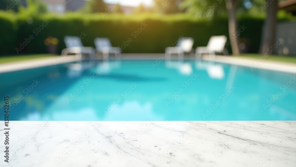 Poster blurred swimming pool and empty table top for displaying or showcasing your products.