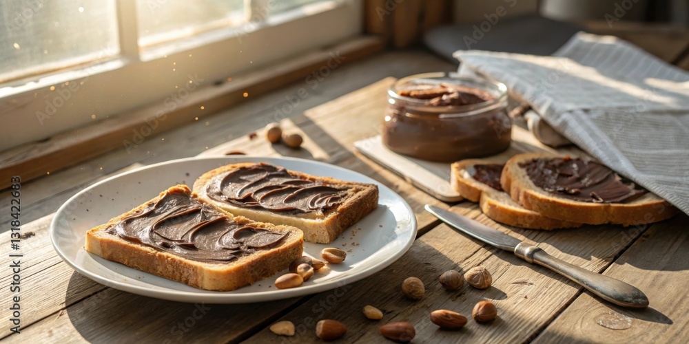 Poster two slices of bread topped with chocolate spread, with a jar of chocolate spread and nuts scattered 