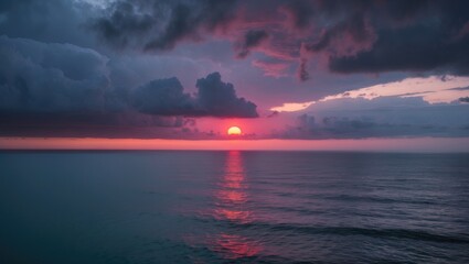 Dramatic dawn over the sea. Gray clouds in the sky with a red sun rising above the horizon. Rainy weather anticipated.