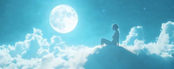 A silhouette sits on a cloud beneath a brilliant full moon