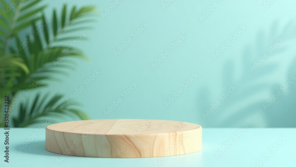Poster abstract empty wood slice podium surrounded by leaves and shadows against a blue backdrop. mockup di