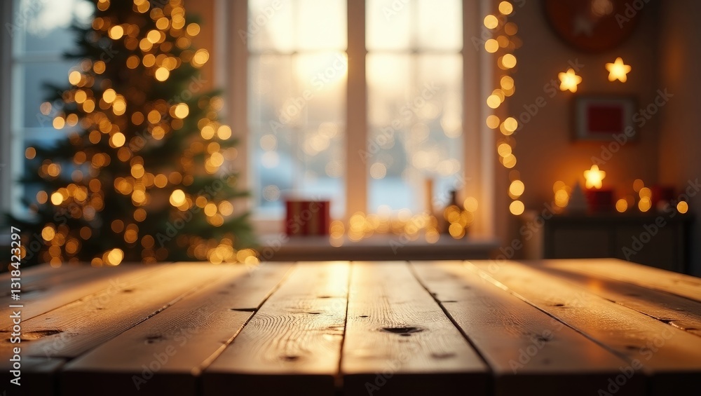 Poster empty table in front of christmas tree with a decorated background.