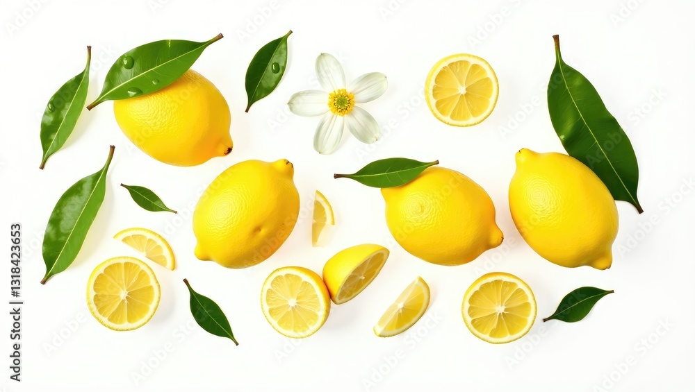 Poster fresh lemon with slices and flower accompanied by green leaf against a white backdrop. lemon pattern