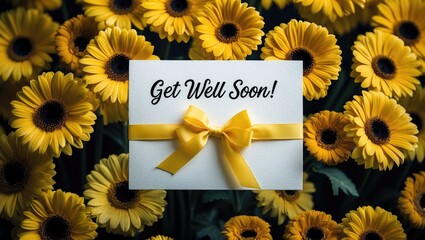 Get Well Soon greeting card featuring yellow gerberas