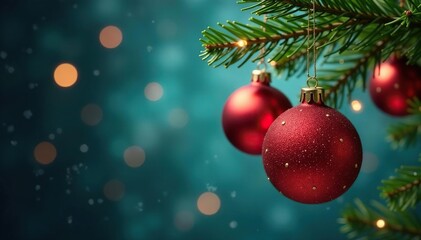 Naklejka premium Glittery ornaments hanging from a Christmas tree branch, greenery, winter wonderland, twinkle lights