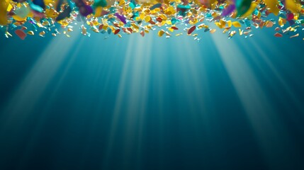 Colorful Confetti Falling on Teal Background with Light Rays