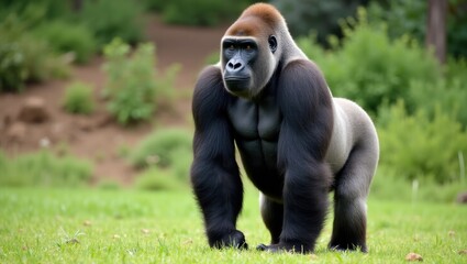 Naklejka premium Gorilla standing in lush green grass