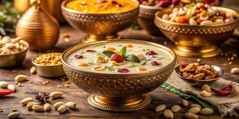 Fototapeta premium Dessert table setup with kheer in a decorative bowl garnished with chopped nuts and dried fruits, gourmet desserts , festive atmosphere
