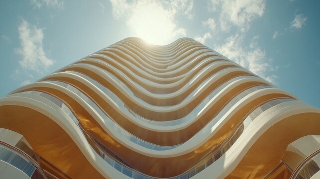 A stunning, wave-shaped building rises into the sky, capturing sunlight and reflecting its warm glow. The design showcases sleek lines and modern elegance against a vivid backdrop