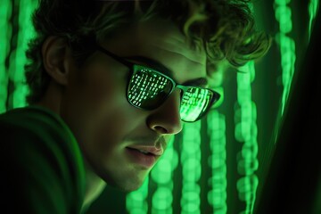 Young Hacker Analyzing Data with Digital Code Reflection in Glasses