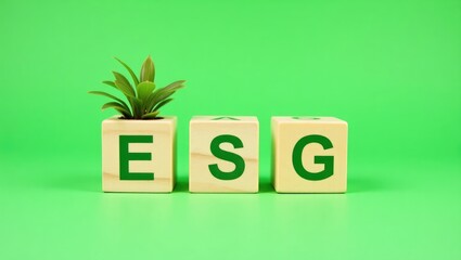 ESG concept relating to environmental, social, and governance. Sustainable business practices with an ecological focus, promoting a clean world. Wooden blocks displaying the word against a green ba...