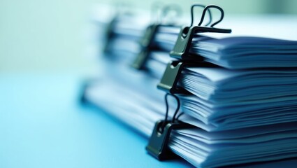 extremely close up of stacked office documents with paper clip folder